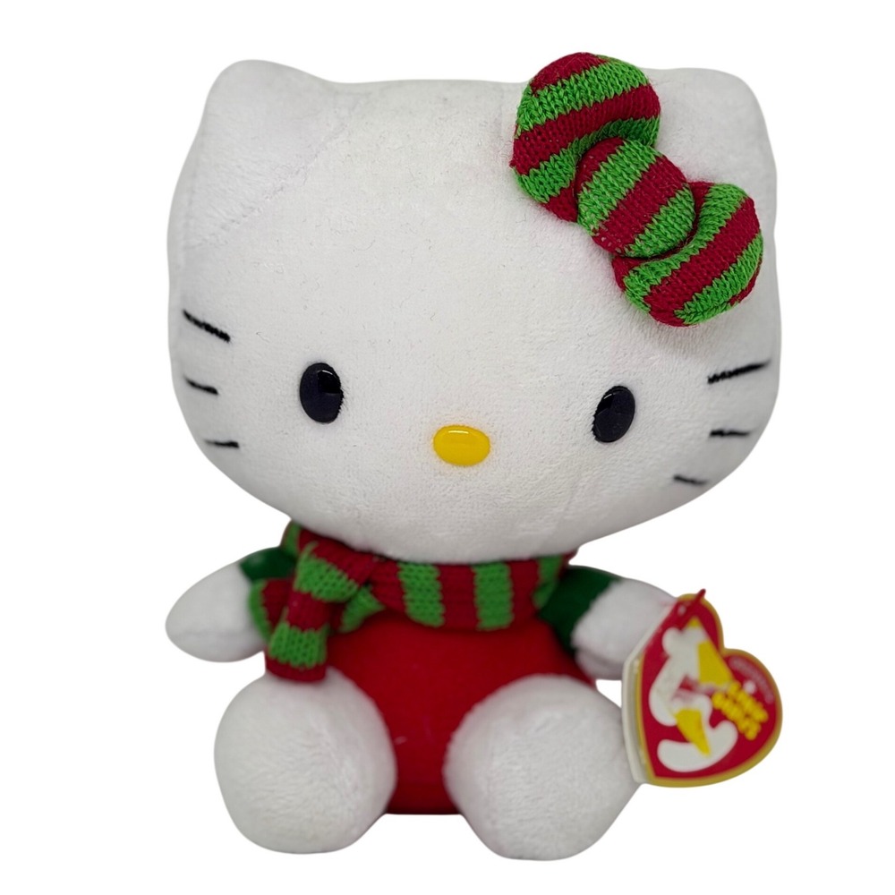 Ty Hello Kitty Plush White Christmas Holiday Scarf Bow Beanie Baby Red Green NEW